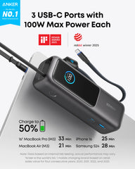Anker Laptop Power Bank (25K, 165W, Built-In and Retractable Cables) and Anker Laptop Charger (140W, 4-Port, PD 3.1) with USB-C Cable and Anker Nano Power Bank (10K, 45W, Built-In Retractable USB-C Cable)