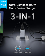 Anker Prime Charger (100W, 3 Ports, GaN) and USB-C to USB-C Cable (240W, 6 ft)