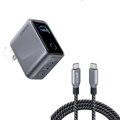 Anker Prime Charger (160W, 3 Ports, Smart Display) and Anker Prime USB-C to USB-C Cable (240W, Upcycled-Braided)