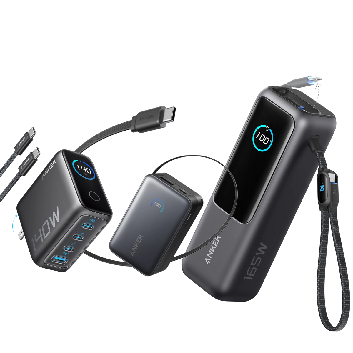 Anker Laptop Power Bank (25K, 165W, Built-In and Retractable Cables) and Anker Laptop Charger (140W, 4-Port, PD 3.1) with USB-C Cable and Anker Nano Power Bank (10K, 45W, Built-In Retractable USB-C Cable)